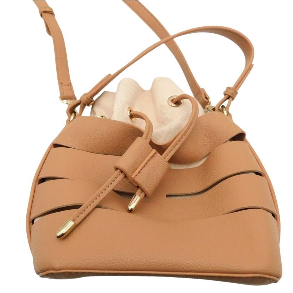 Crossi Caged Crossbody Bucket Purse Bag Tan Cream Canvas